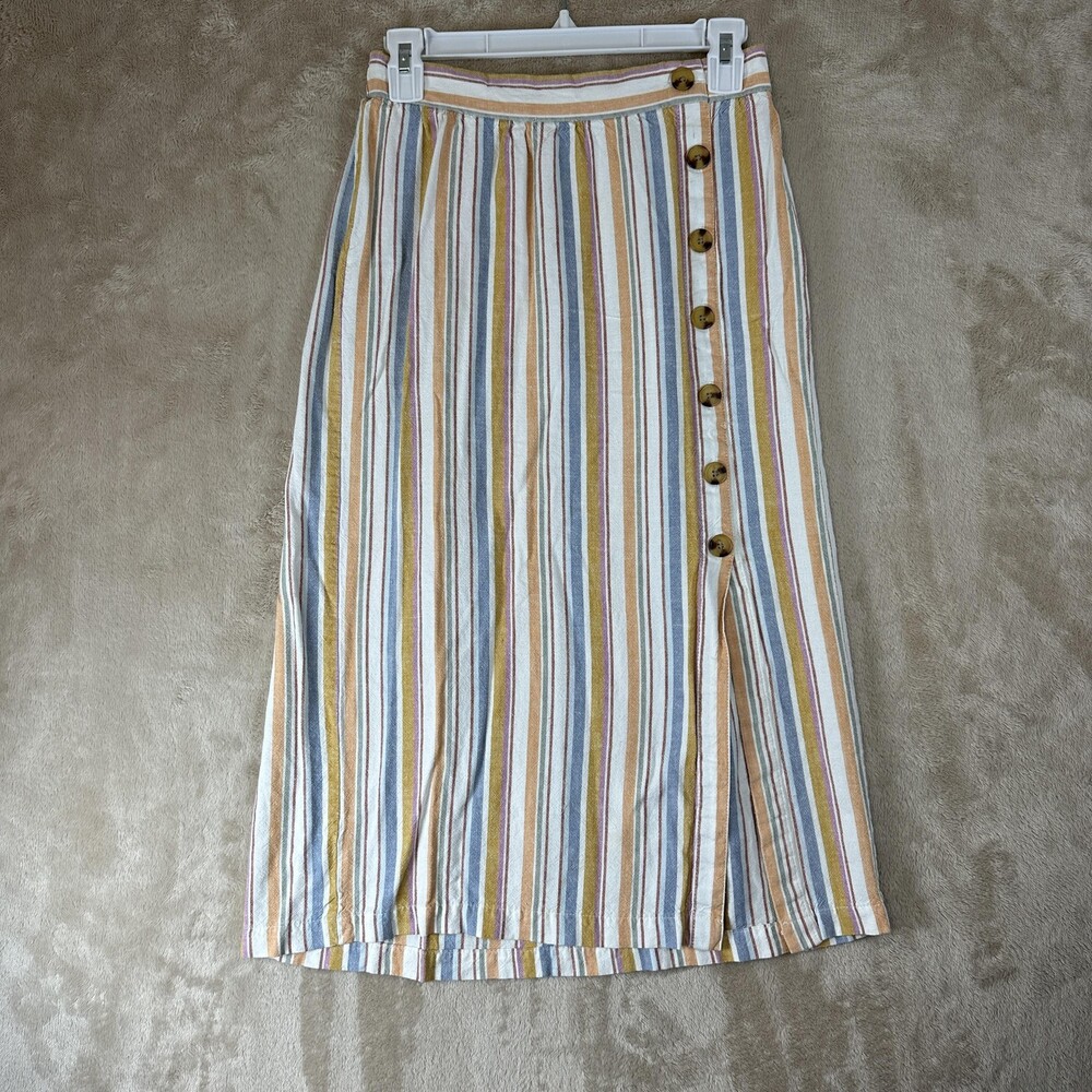 Aeropostale Skirt Womens Small Multi Color Stripe Button Front Midi Rayon Linen